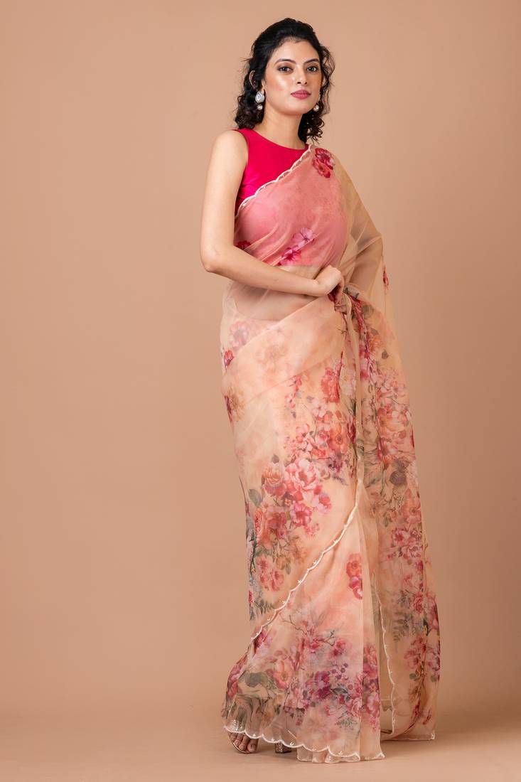 Indiloom Beige beadwork scalloping Organza Saree With Blouse Piece