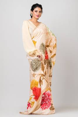 Indiloom Beige Digital Print Woven Sequence Crepe Saree With Blouse Piece 1