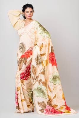 Indiloom Beige Digital Print Woven Sequence Crepe Saree With Blouse Piece 2