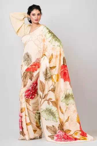 Indiloom Beige Digital Print Woven Sequence Crepe Saree With Blouse Piece