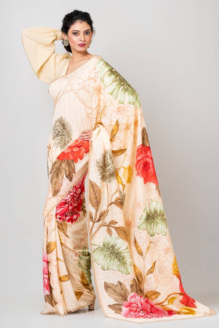 Indiloom Beige Digital Print Woven Sequence Crepe Saree With Blouse Piece