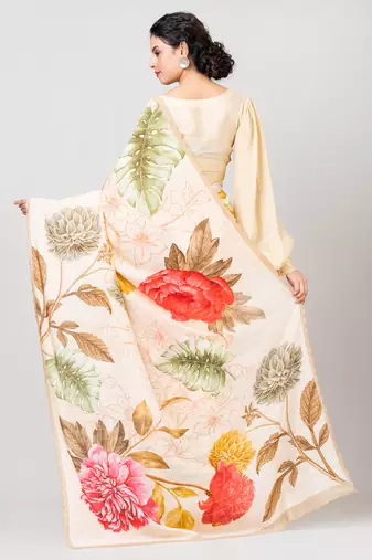 Indiloom Beige Digital Print Woven Sequence Crepe Saree With Blouse Piece