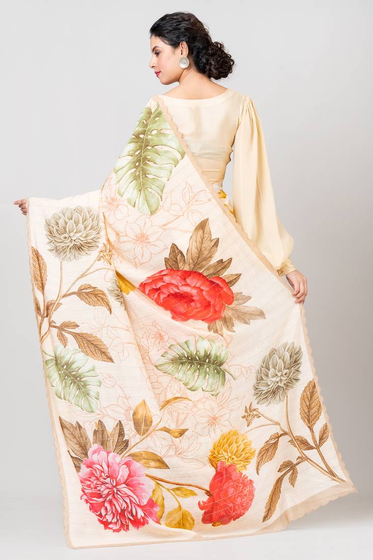 Indiloom Beige Digital Print Woven Sequence Crepe Saree With Blouse Piece