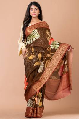 Indiloom Brown Digital Print Chanderi Zari Saree With Blouse Piece 1