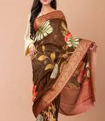 Indiloom Brown Digital Print Chanderi Zari Saree With Blouse Piece