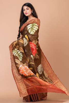 Indiloom Brown Digital Print Chanderi Zari Saree With Blouse Piece 2