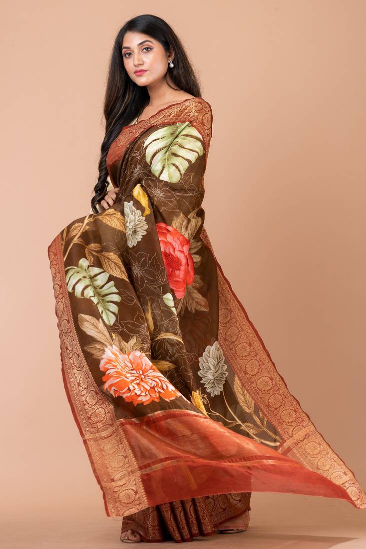 Indiloom Brown Digital Print Chanderi Zari Saree With Blouse Piece