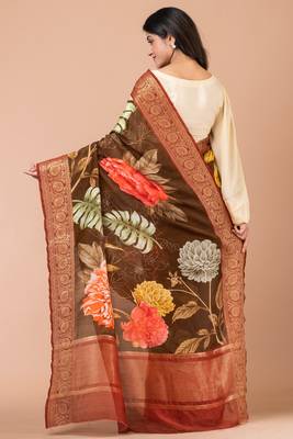 Indiloom Brown Digital Print Chanderi Zari Saree With Blouse Piece 3