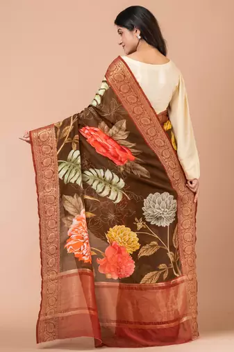 Indiloom Brown Digital Print Chanderi Zari Saree With Blouse Piece