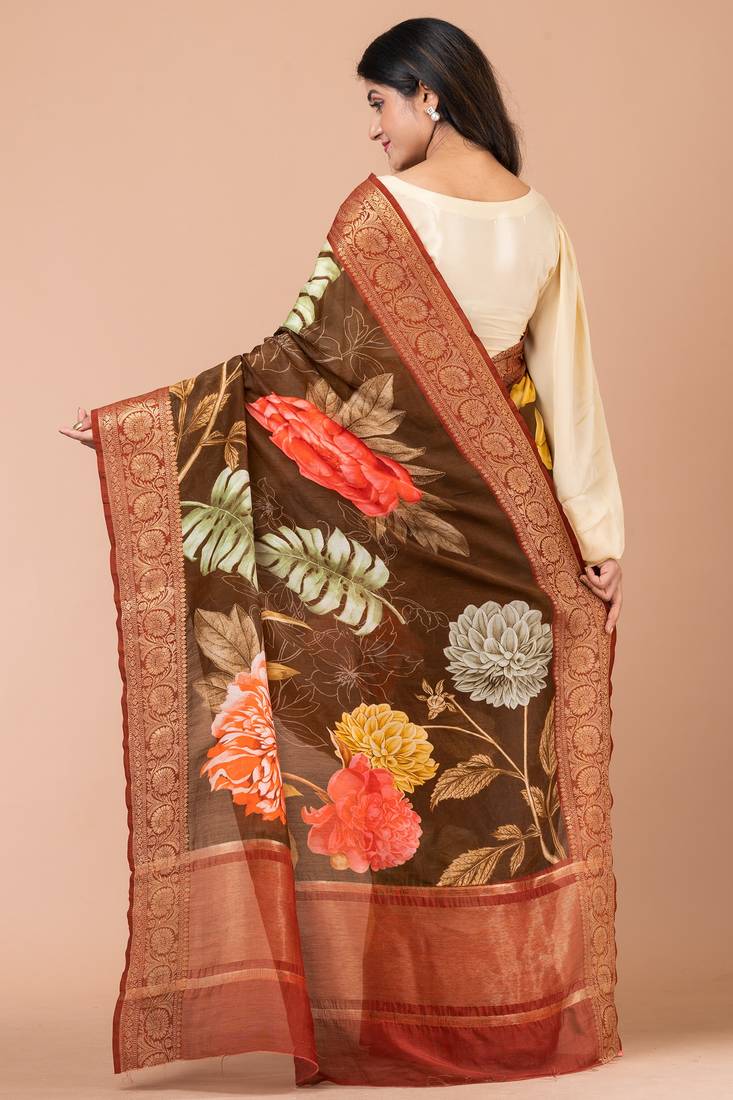 Indiloom Brown Digital Print Chanderi Zari Saree With Blouse Piece