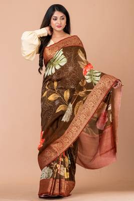 Indiloom Brown Digital Print Chanderi Zari Saree With Blouse Piece 4