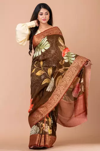 Indiloom Brown Digital Print Chanderi Zari Saree With Blouse Piece