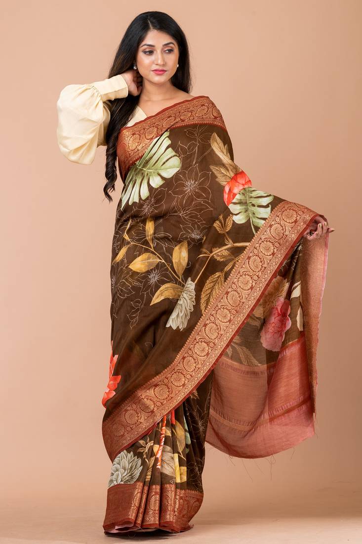 Indiloom Brown Digital Print Chanderi Zari Saree With Blouse Piece