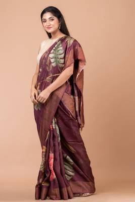 Indiloom Purple Digital Print Tussar Zari Saree With Blouse Print 1
