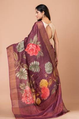 Indiloom Purple Digital Print Tussar Zari Saree With Blouse Print 2