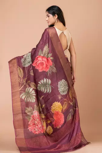 Indiloom Purple Digital Print Tussar Zari Saree With Blouse Print