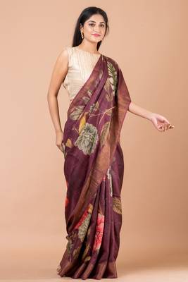 Indiloom Purple Digital Print Tussar Zari Saree With Blouse Print 3