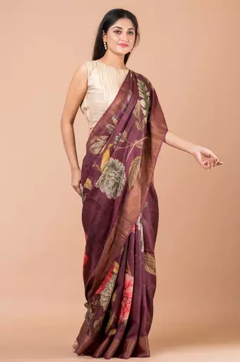 Indiloom Purple Digital Print Tussar Zari Saree With Blouse Print