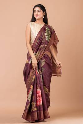 Indiloom Purple Digital Print Tussar Zari Saree With Blouse Print 4