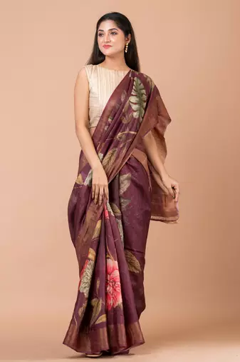 Indiloom Purple Digital Print Tussar Zari Saree With Blouse Print