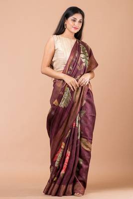 Indiloom Purple Digital Print Tussar Zari Saree With Blouse Print 5