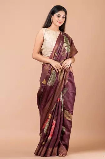 Indiloom Purple Digital Print Tussar Zari Saree With Blouse Print
