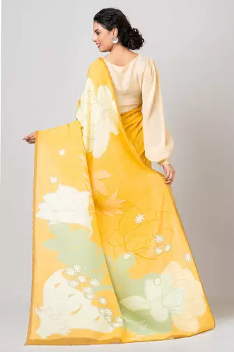 Indiloom Yellow Digital Print Woven Sequence Crepe Saree With Blouse Piece