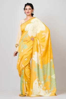 Indiloom Yellow Digital Print Woven Sequence Crepe Saree With Blouse Piece 1