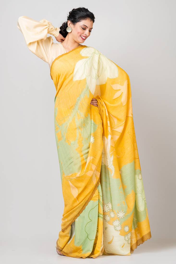 Indiloom Yellow Digital Print Woven Sequence Crepe Saree With Blouse Piece