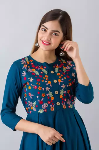 Nishabd women rayon embroidered frontslit  3/4 sleeves calf kurta