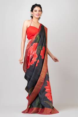 Indiloom Black and Red Digital Print Tussar Zari Saree With Blouse Print 1