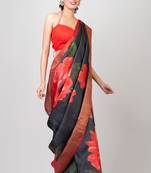 Indiloom Black and Red Digital Print Tussar Zari Saree With Blouse Print