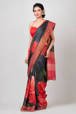 Indiloom Black and Red Digital Print Tussar Zari Saree With Blouse Print 2