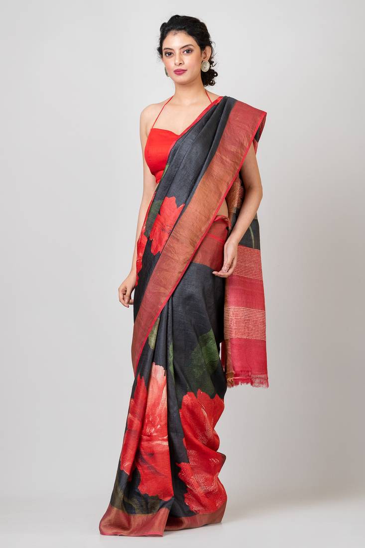 Indiloom Black and Red Digital Print Tussar Zari Saree With Blouse Print