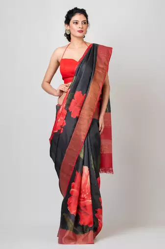 Indiloom Black and Red Digital Print Tussar Zari Saree With Blouse Print