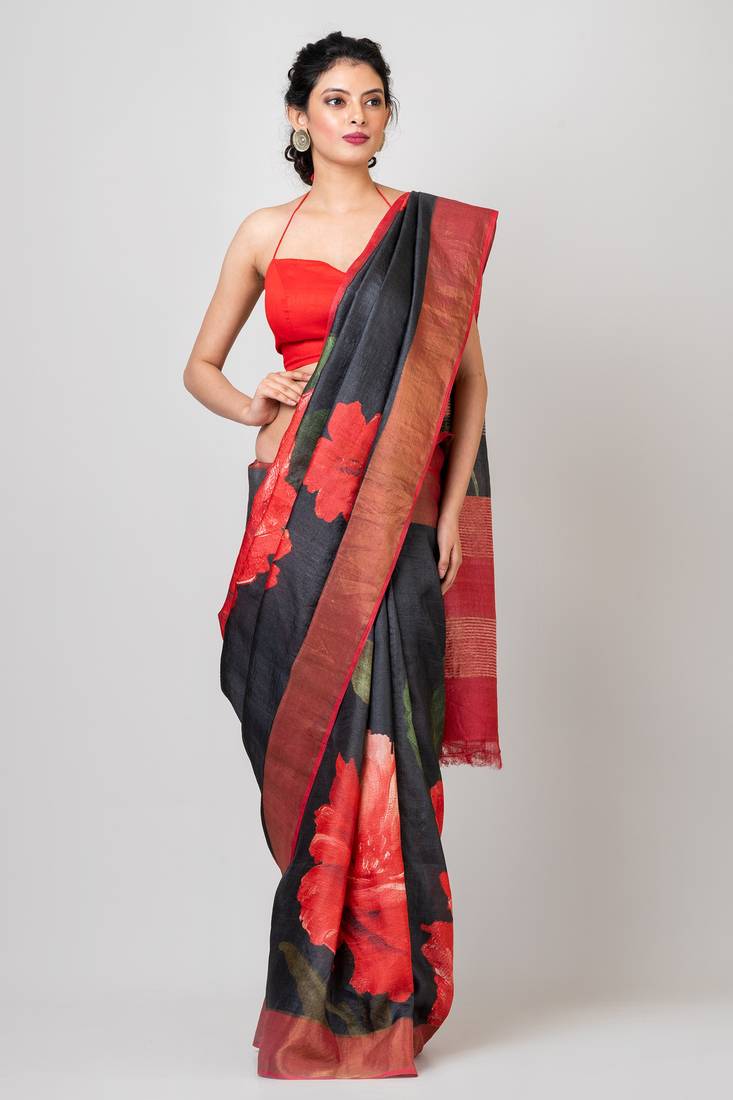 Indiloom Black and Red Digital Print Tussar Zari Saree With Blouse Print