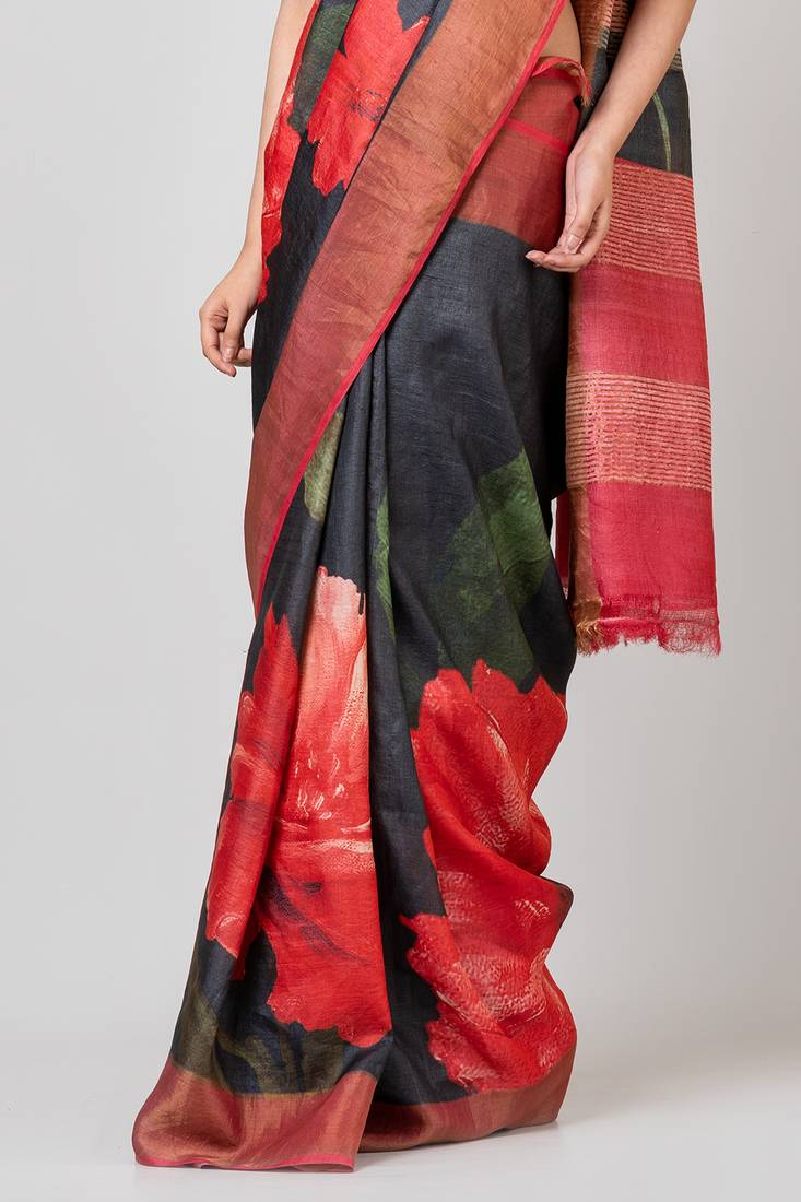 Indiloom Black and Red Digital Print Tussar Zari Saree With Blouse Print