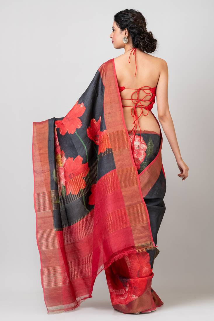 Indiloom Black and Red Digital Print Tussar Zari Saree With Blouse Print