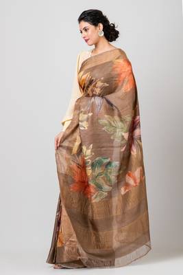 Indiloom Brown Digital Print Tussar Zari Saree With Blouse Print 2