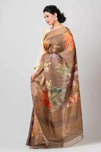 Indiloom Brown Digital Print Tussar Zari Saree With Blouse Print