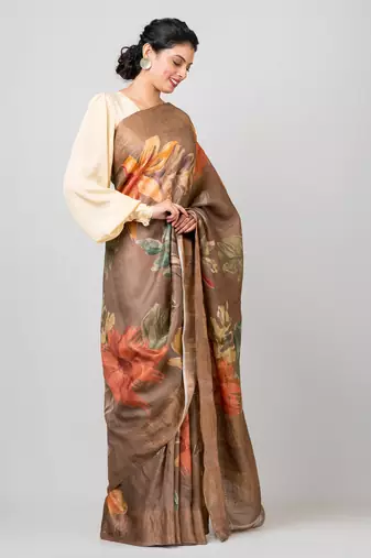 Indiloom Brown Digital Print Tussar Zari Saree With Blouse Print