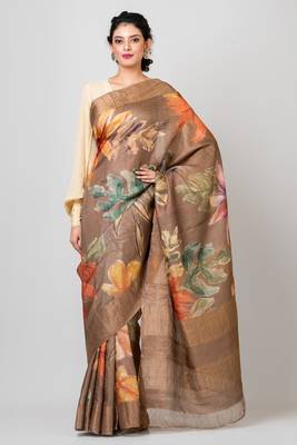 Indiloom Brown Digital Print Tussar Zari Saree With Blouse Print 1