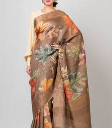 Indiloom Brown Digital Print Tussar Zari Saree With Blouse Print