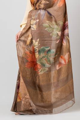 Indiloom Brown Digital Print Tussar Zari Saree With Blouse Print 4