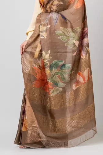 Indiloom Brown Digital Print Tussar Zari Saree With Blouse Print