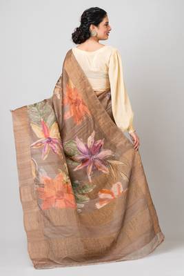 Indiloom Brown Digital Print Tussar Zari Saree With Blouse Print 5