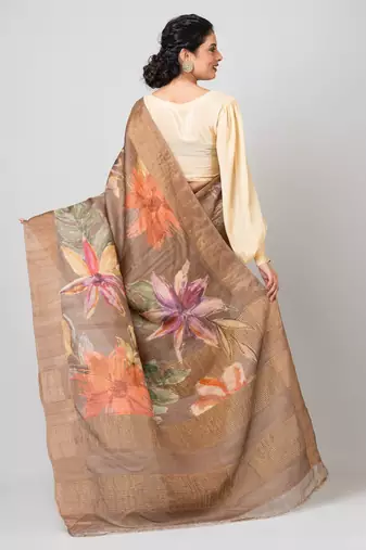 Indiloom Brown Digital Print Tussar Zari Saree With Blouse Print