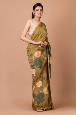 Indiloom Brown Digital Print Woven Sequence Crepe Saree With Blouse Piece 1