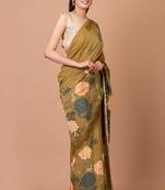 Indiloom Brown Digital Print Woven Sequence Crepe Saree With Blouse Piece