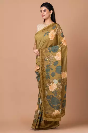 Indiloom Brown Digital Print Woven Sequence Crepe Saree With Blouse Piece
